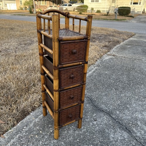 Vintage Mid Century Boho Chic Bamboo Rattan Shelf With Drawers