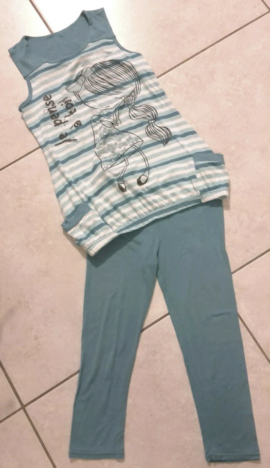 Ensemble fille 10 ans SHINY tunique et leggings rayé bleu et blanc avec strass - Photo 1/1