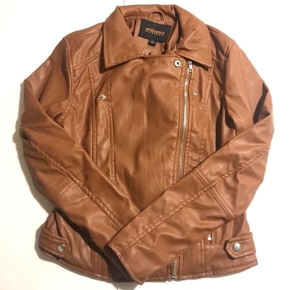 Women's Faux Leather Biker Jacket Tan Size Medium - Image 3 of 4