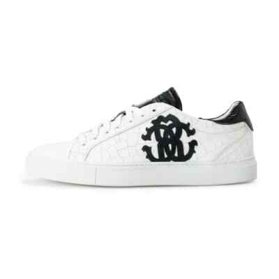 Roberto Cavalli Sneakers Shoes Men's White Textured Leather Logo Print Fashion