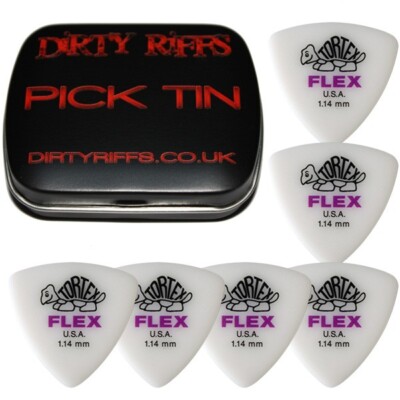 6 x Dunlop Tortex Flex Dreieck 1,14 mm Gitarrenplektren Plektren in einer Plektrindose