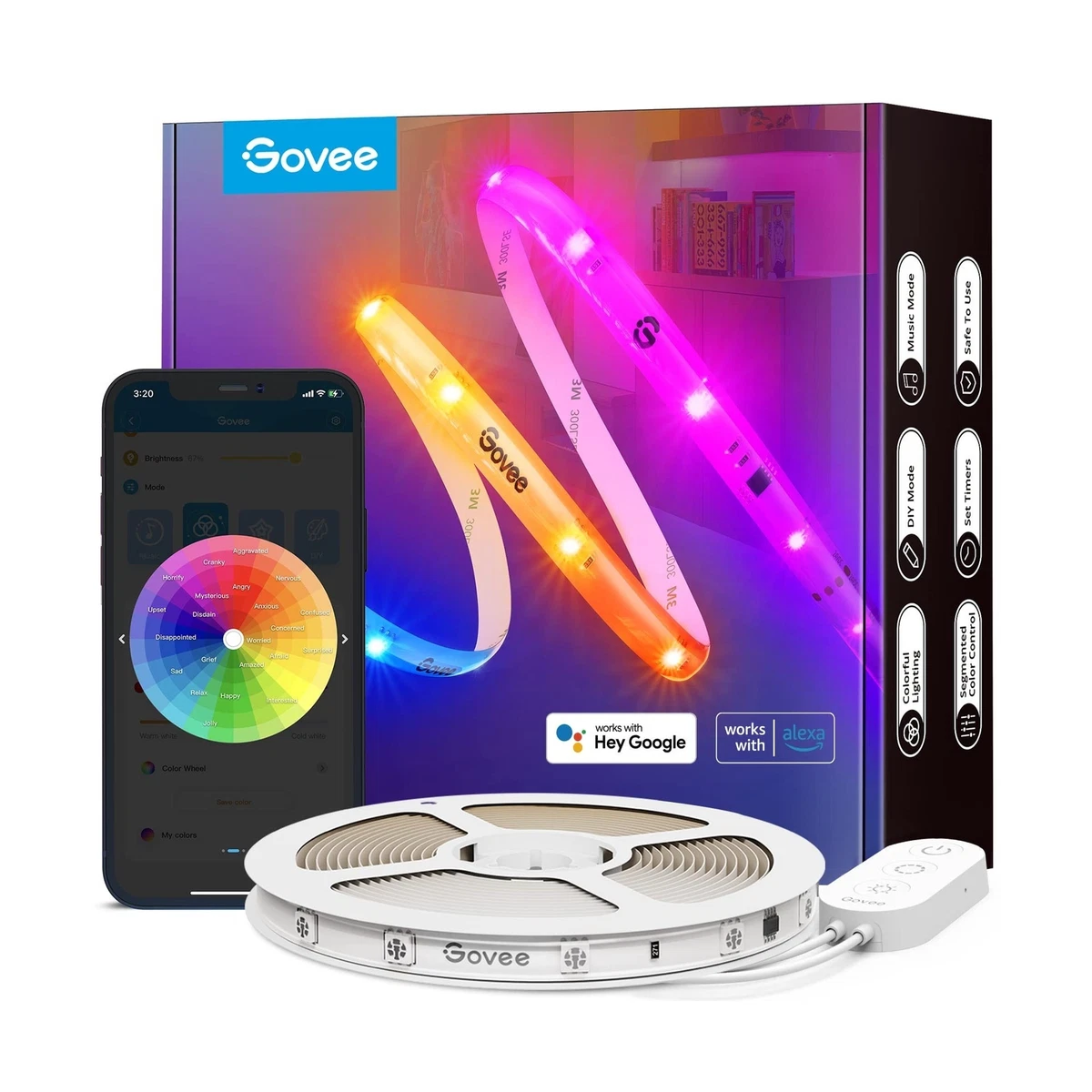 Govee 65.6ft RGBIC LED Strip Lights, Color Changing LED Lights, App Control  via Bluetooth, Smart Segmented Control, Multiple Scene Modes & Enhanced  Music Mode for Bedroom, Room, Party 