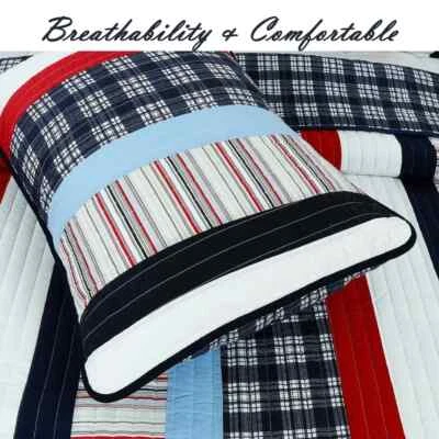 QUALITY NEW! ~ COZY CLASSIC PLAID RED BLUE WHITE NAVY PATCHWORK FULL QUEEN QUILT SET