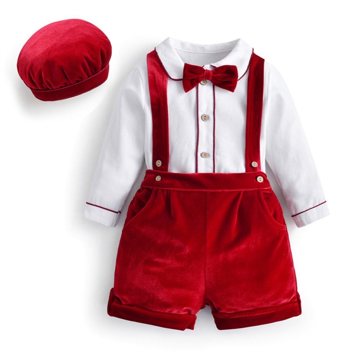 Baby Boys Velvet Outfit Set Shirt Bow Suspender Shorts Hat Party