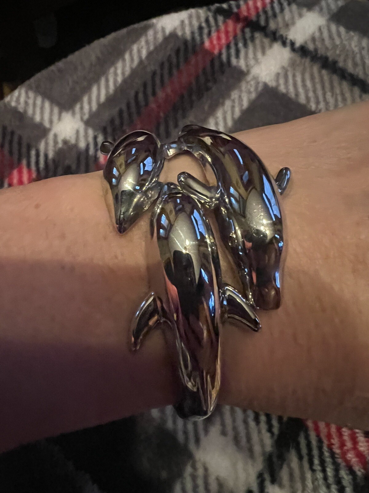 Three Leaping Figural Dolphins Hinged Silver Tone… - image 8