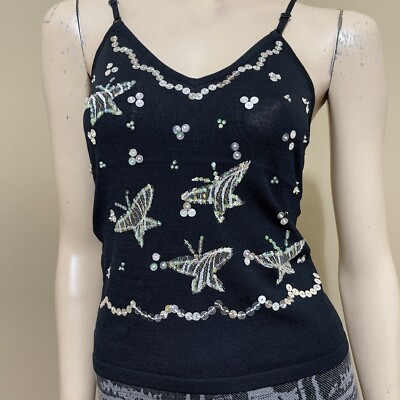 Women s Black Rayon Casual Summer Opened Beaded Slim Straps Size M Blouse Top