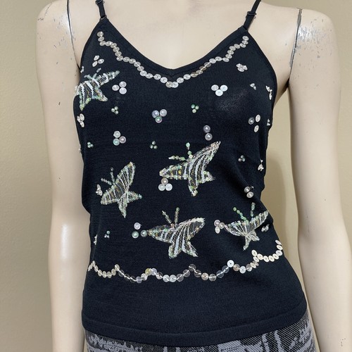 Women’s Black Rayon Casual Summer Opened Beaded Slim Straps Size M Blouse Top