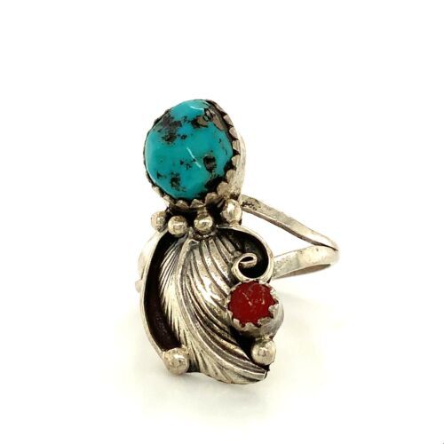 Vintage Signed Sterling Fannie Platero Navajo Turquoise Coral Feather Ring sz 6