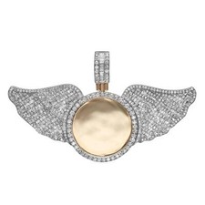 Baguette  Round Cut Diamond Angel Wings Photo Pendant 14K Yellow Gold 2.90Cttw