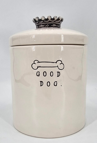RARE Rae Dunn Ceramic Small Script Bone "GOOD DOG" Canister/Treat Jar Crown Lid