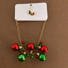 Charming Charlie Red Green Gold Tone Holiday Bell Necklace & Earrings Set NWT