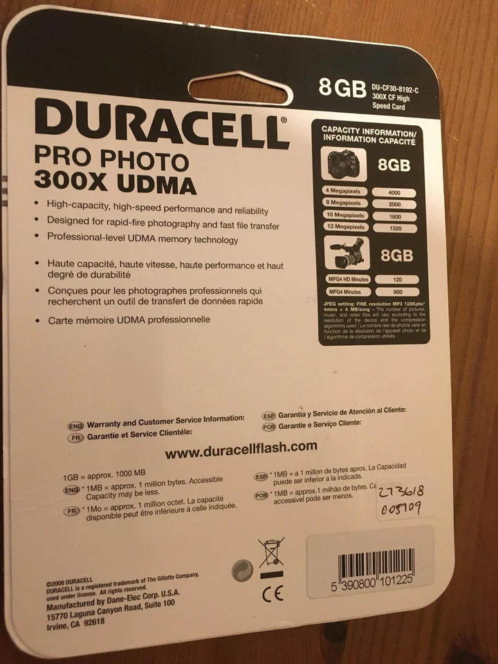 Duracell 8GB 300x Speed ProPhoto CompactFlash Memory Card (DU-CF30-8192-C) - Image 2 of 3