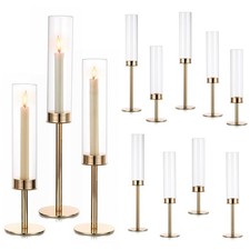 Gold Candlestick Holders: 12PCS Cylinder Glass Hurricane for Tapers