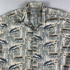 AFTCO Shirt Mens 2XL Marlin Swordfish Button Up Fishing Beige Short Sleeve