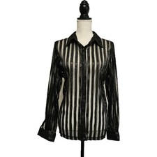 Black Sheer Mesh Animal Stripe Button Front Top Sz 10 Whimsigoth Witchy Grunge