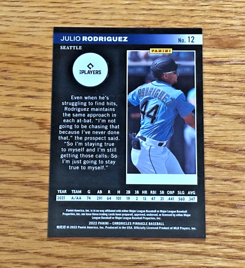 JULIO RODRIGUEZ 2022 Panini Chronicles #12 Pinnacle Rookie RC Red /100 - Image 2 of 2