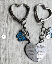 Personalised Mother And Daughter Heart Key Rings With Blue Butterfly  And Token
