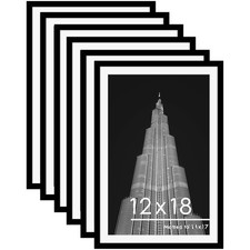 12x18 Picture Frame Set of 6 Black Wall Mount Poster Frames 11x17 w/Mat or 12x18