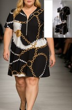 PLUS+SIZE FIT DRESS: Chain Print Zipper Dress Casual Short Sleeve Simple Dress