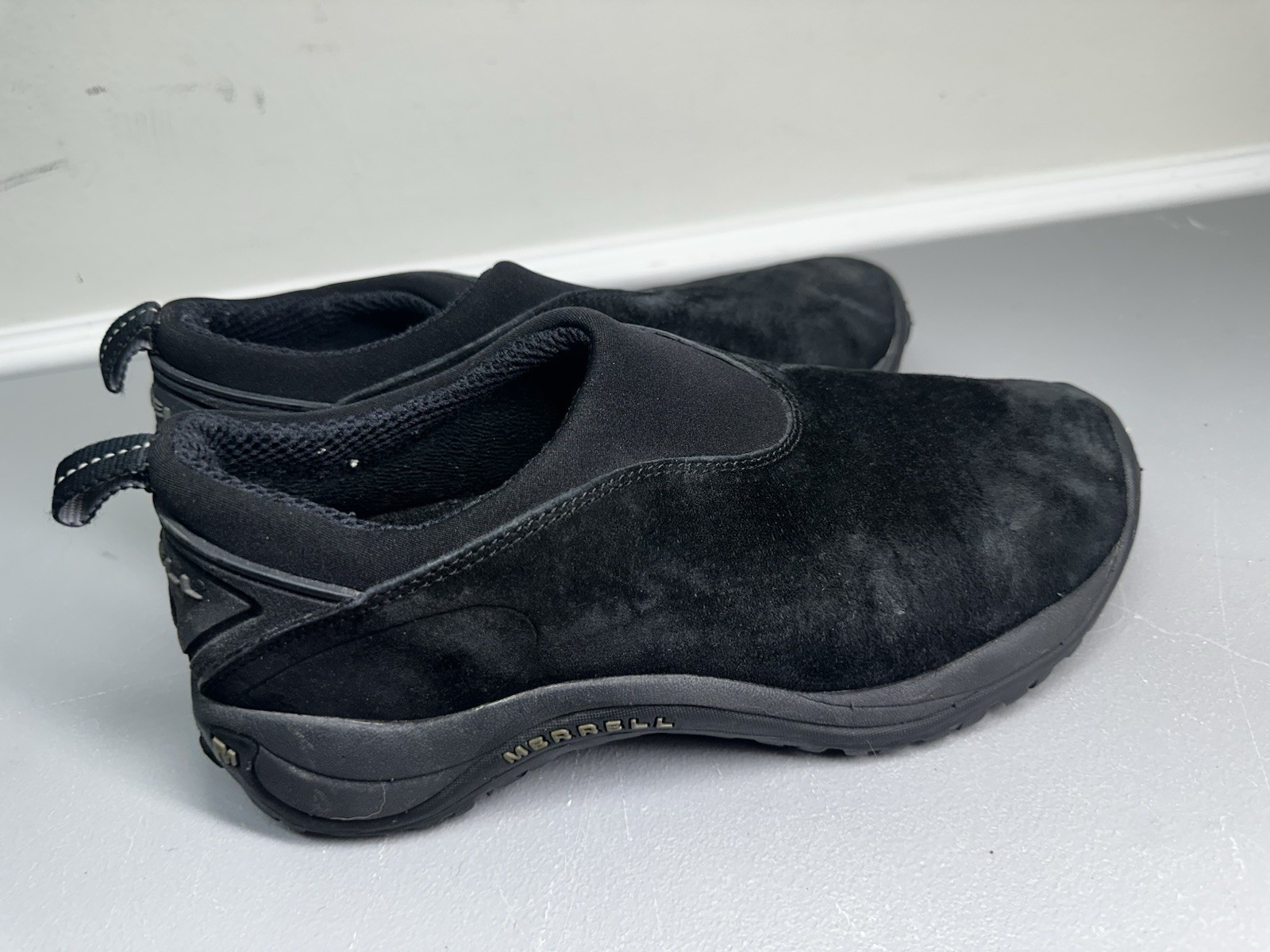 Scarpe da passeggio Merrell donna Orbit Moc pelle scamosciata nere casual slip on taglia 9