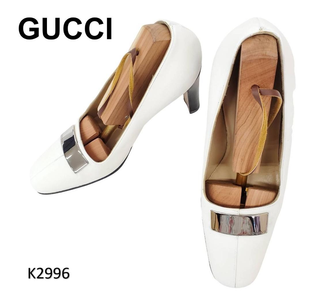 GUCCI Heel Leather Pumps White EU 34.5 135206K Authentic