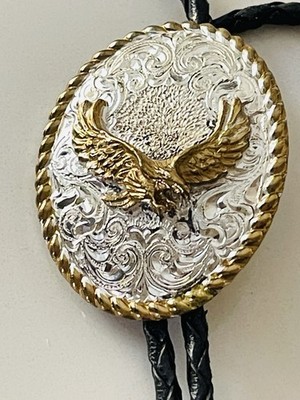 Crumrine Vintage Flying Eagle Bolo Tie Heavy Silver Plate On Jewelers Bronze HTF