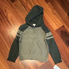 Cat Jack Boys Hooded Pullover Sweater Green Gray Striped 5T Recycled Cotton