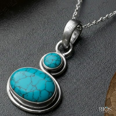 Handarbeit Türkis 925 Sterling Silber Doppel Stein Halskette Oval Boho Anhänger