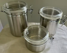 EUC 3 Piece OGGI Stainless Steel Acrylic Kitchen Canisters Airtight Clamp Lids