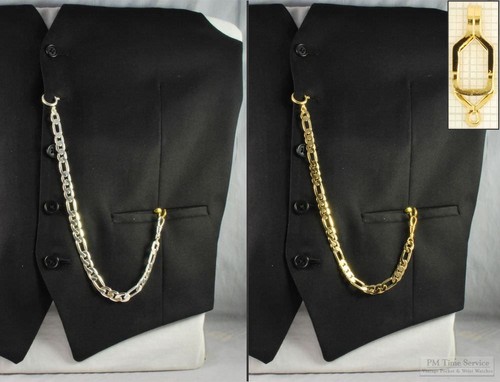 Straight pocket watch chain w/ open-style belt clip; various finish options - Picture 18 of 29