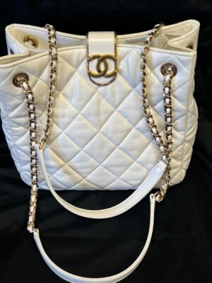 CHANEL SMALL SHOPPING TOTE QUILTED LEATHER CHAIN LINK DOUBLE SHOULER STRAP WHITE