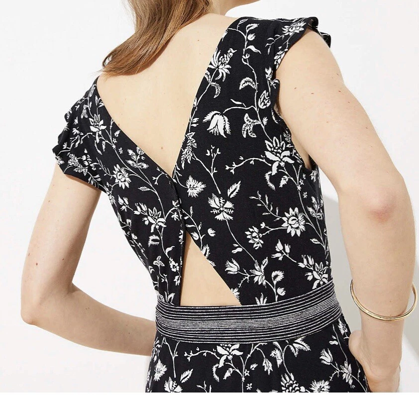 NWT Ann Taylor Loft Midi Dress Rainforest Cutout Button Back Black Floral Sz 2