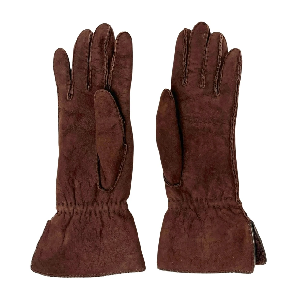 CHANEL Vintage CC Logo Gloves #L Fashion Accessory Brown Gold Suede Leather - Image 4 of 4