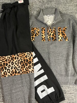 Victoria's Secret Pink Leopard QZ Pullover + Campus Pants Set