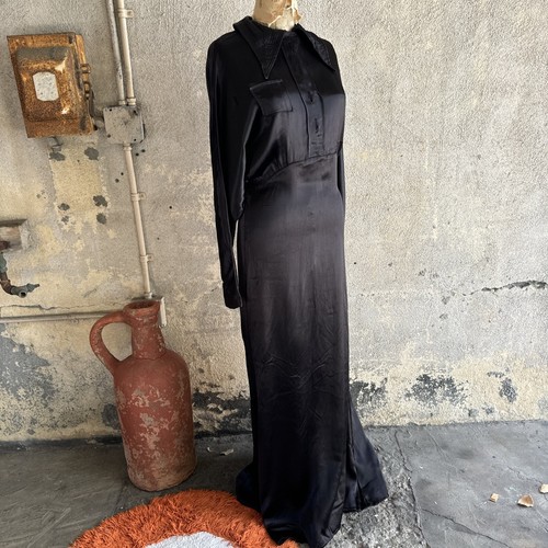 Vintage 1930s Black Silk Satin Gown Dress Art Deco Maxi Long Sleeve Keyhole - Picture 13 of 23