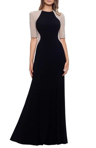 Xscape Black Nude Silver Crystal Beaded Gown Dress Size 10 $299