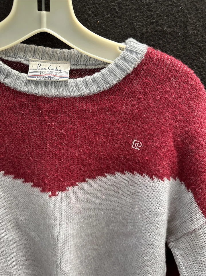 Suéter De Colección Años 80 Pierre Cardin Para Hombre Granate y Gris Claro Mezcla de Lana Tejido Grande Foto 2 de 4