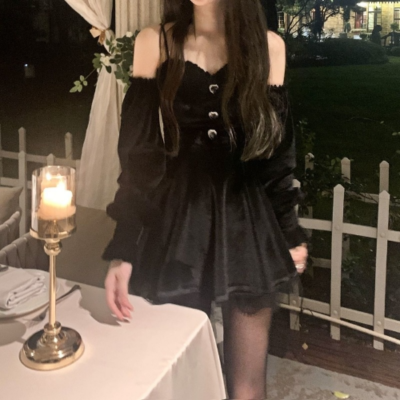 2023 Gothic Black Velvet Dress Evening Women Vintage Elegant One Piece Dress  | eBay
