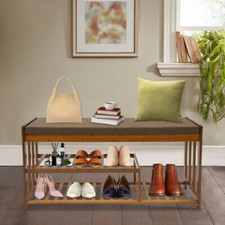 Shoe Bench With Cushion, Bamboo Porch Shoe Bench W/ Storage Entryway Shoe Rack