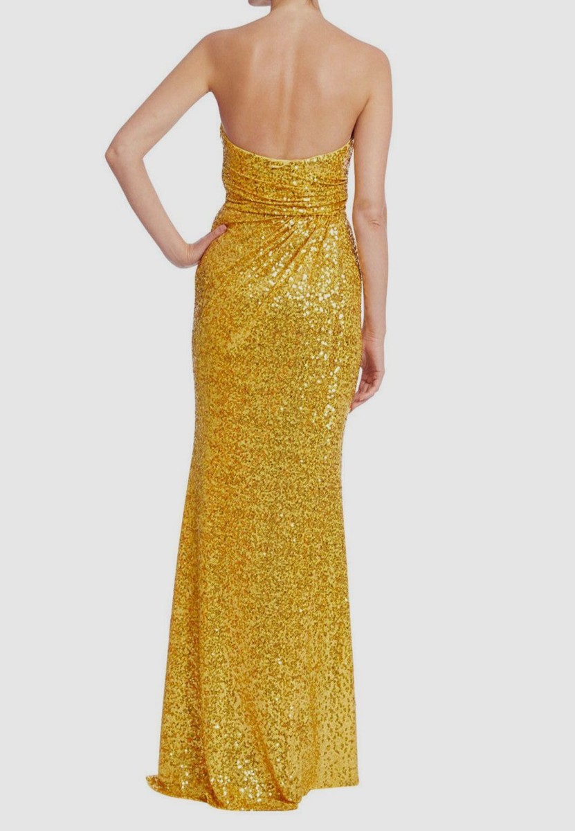 badgley mischka gold sequin dress Badgley Mischka Sequined Mesh Midi Dress In Gold