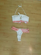 Large - Two Piece Bikini - White Orange - Padding in Top - Lined - New No Tags