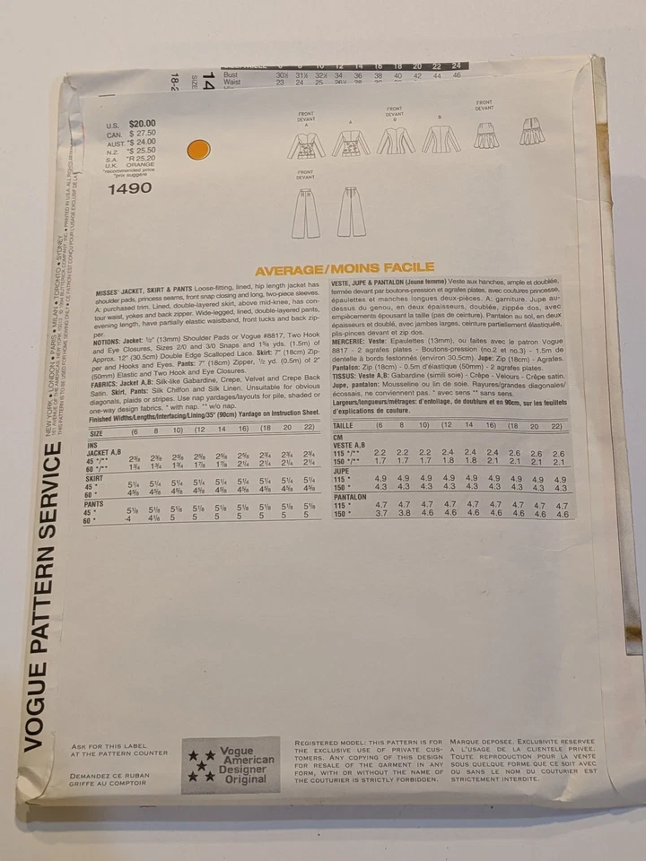 Vogue 1490 Victor Costa мисс куртка юбка брюки 18-22 винтажный - Изображение 2 из 2