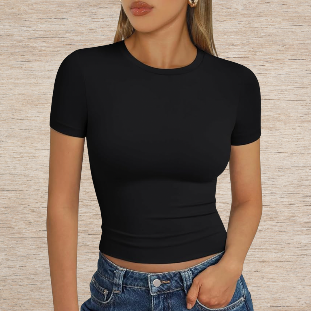 Trendy Black Soft Fitted Women's Top - Size S for Capsule Wardrobe