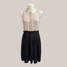 Anthropologie Post Mark Beige Dark Navy Fit & Flare Shirt Dress Collared sz 8