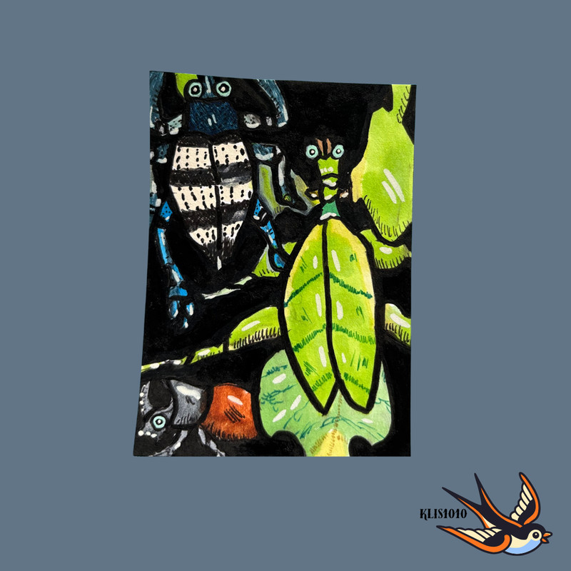 ACEO Artist Trading Original Mixed Media Bugs 2.5x3.5 On Paper by KL