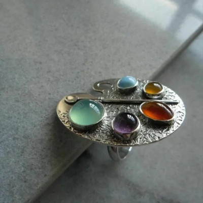 Vintage Silver Geometric Ring Women Oval Colored Stone Adjustable Jewelry
