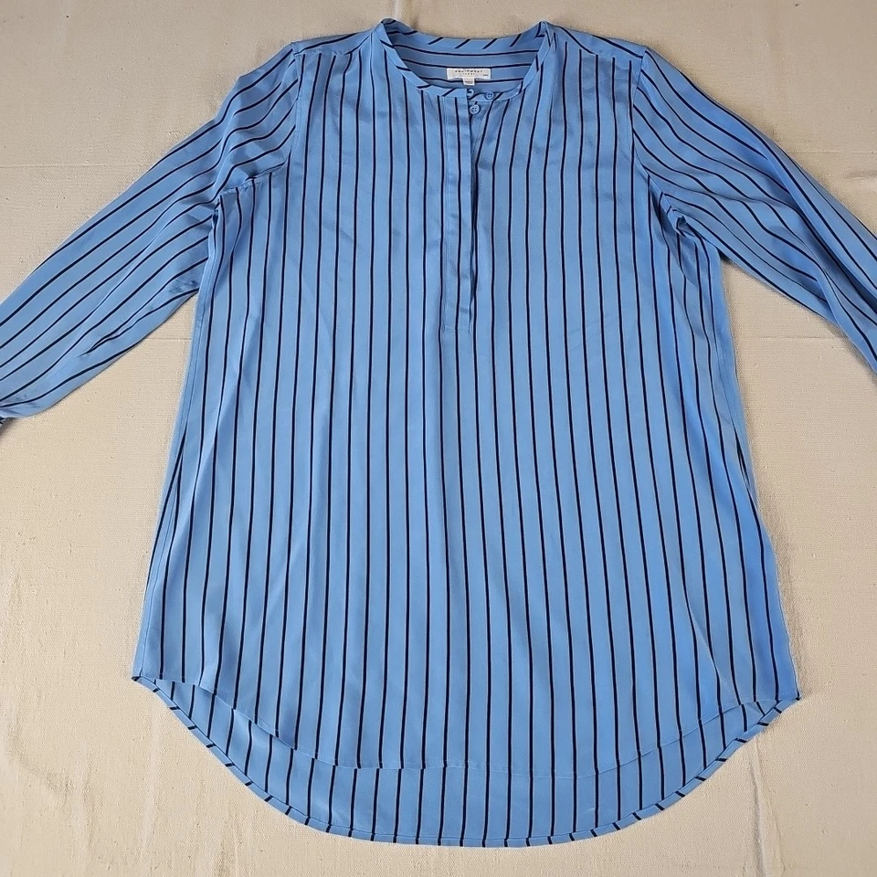 Blusa Top Equipment Mujer Mediana Azul Rayas 100% Seda Manga Larga Foto 2 de 4