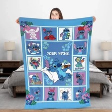 Stitch Blanket, Fleece Sherpa Throw, Custom Name Cartoon Kids Gift