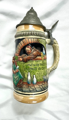 Vintage German 9'' DGBM Lidded Beer Stein Drunk Sleeping Monks Pewter Top