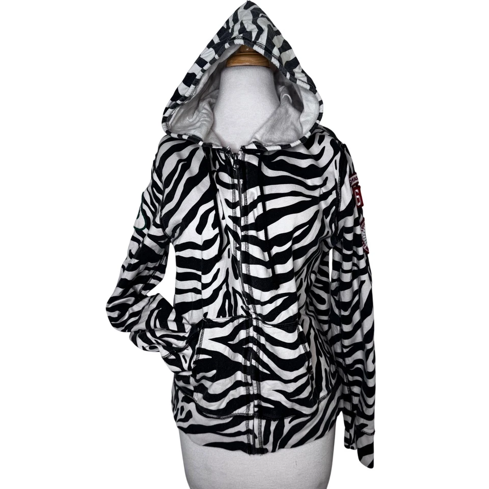 Vintage Lucky Brand Womens Zebra Zip Up Hoodie Size XL Peace Patches Y2K McBling - Image 4 of 4